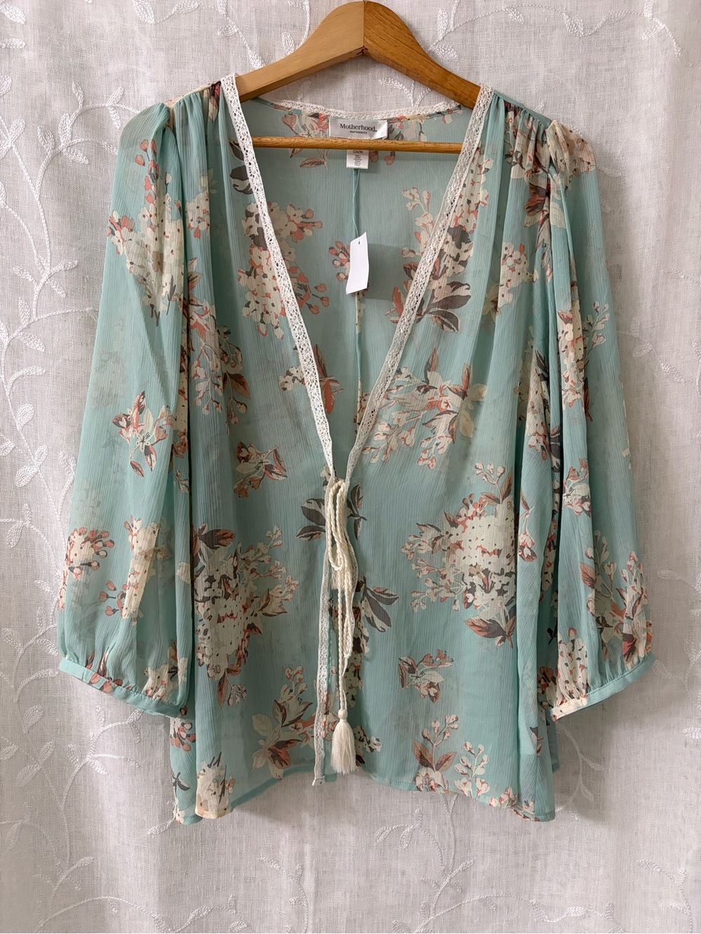 Motherhood Light Blue Floral Tie-Front Peasant Blouse S/M